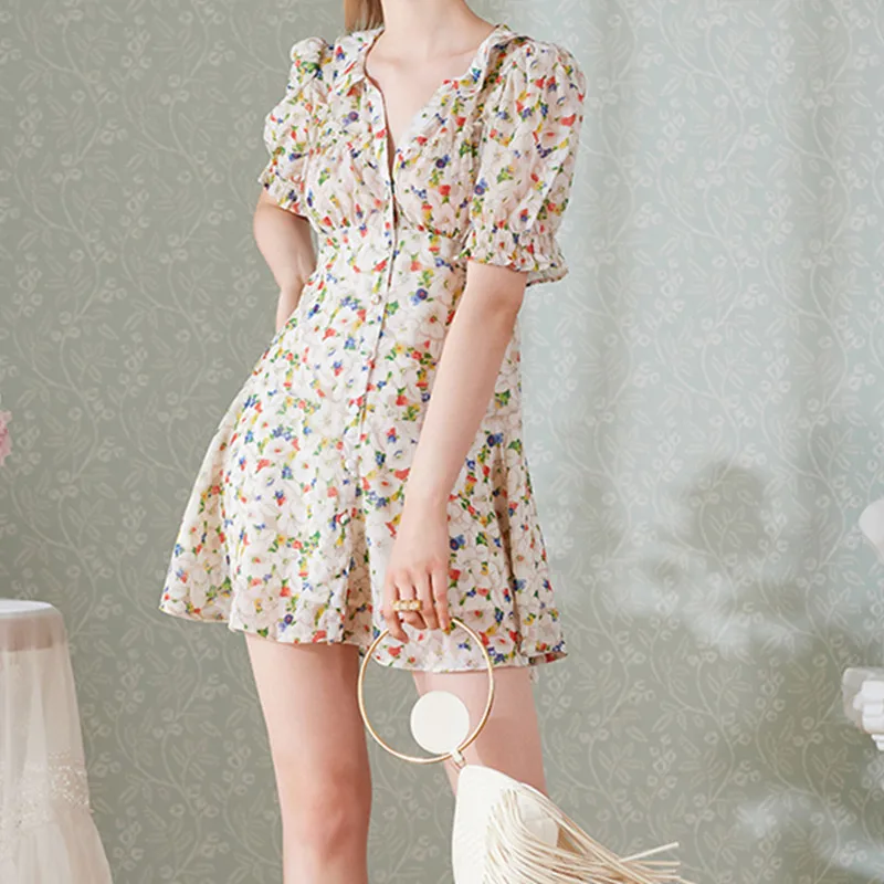 Женское летнее Мини Платье с пышными короткими рукавами винтажное милое платье V