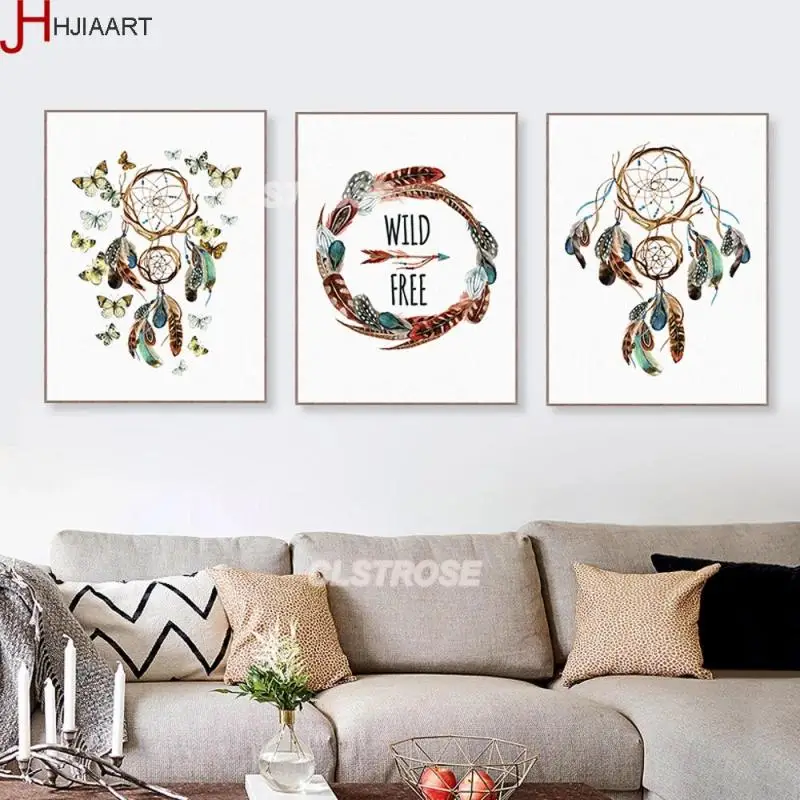

Abstract Canvas Painting Feather Dream Catcher Poster Surrounded By Butterflies Wall Art Home Decoration for Living Room