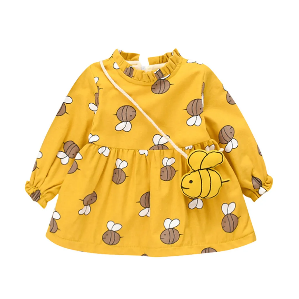 Модное утепленное платье принцессы с длинными рукавами и принтом пчелы для