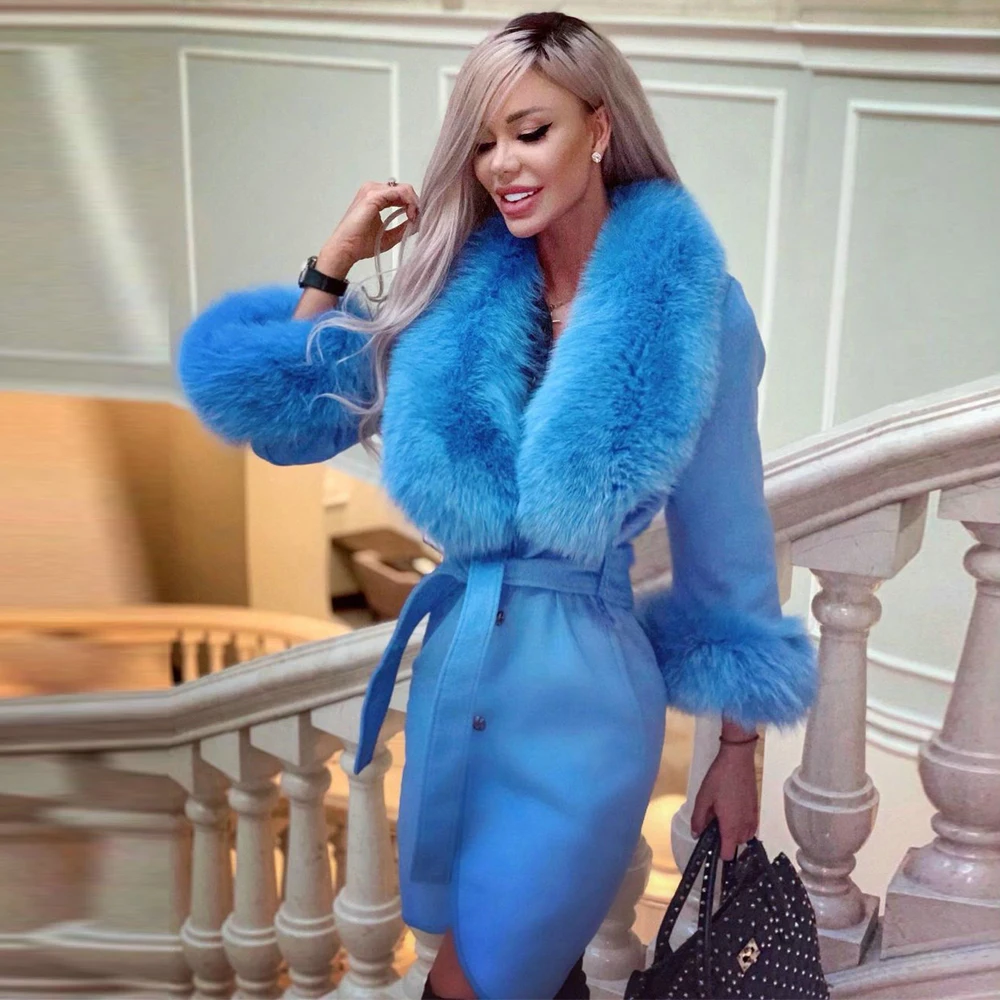 Fashion Royal Blue Long Wool Blends Coat with Fox Fur Turn-down Collar Thick Fur Overcoats Winter Natural Fox Fur Cashmere Coats enlarge