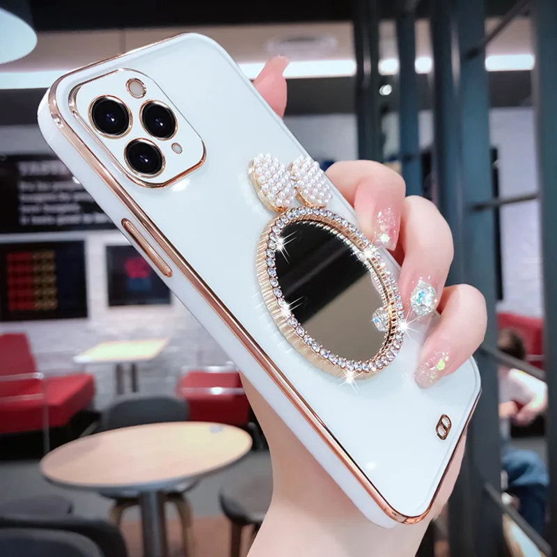 Роскошный зеркальный блестящий чехол с алмазным бантом для Apple iPhone 12 11 Pro Max X Xs XR 7 8
