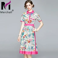 merchall 2022 runway summer floral print shirt dress women short sleeve chic boho holiday midi dress females vestidos m79232
