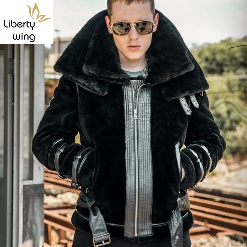 

Top Quality Mens Winter Lamb Wool Motorcycle Jacket Thick Sheep Real Fur Coat Male Plus Size Shearling Biker Overcoat Punk Coats