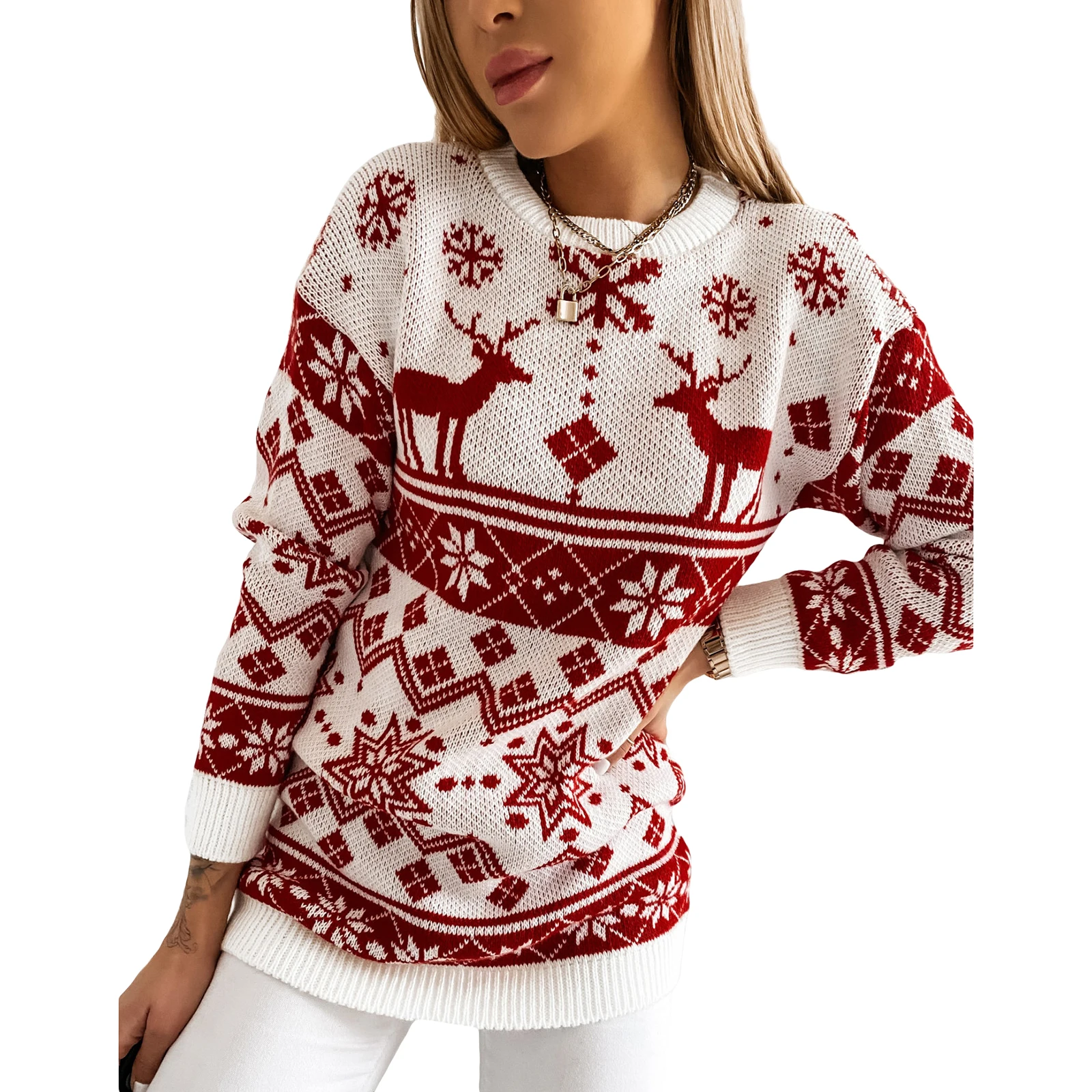

Xmas Sweaters Women Knitted Pullovers Jumpers Plus Size Long Sleeve Winter Christmas Clothes New Year Black Red Clothing