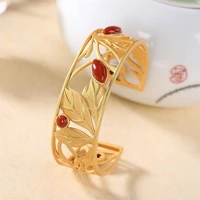 natural hetian jade s925 sterling silver southern red agate vintage leaves ancient chinese style classical female open end bangl