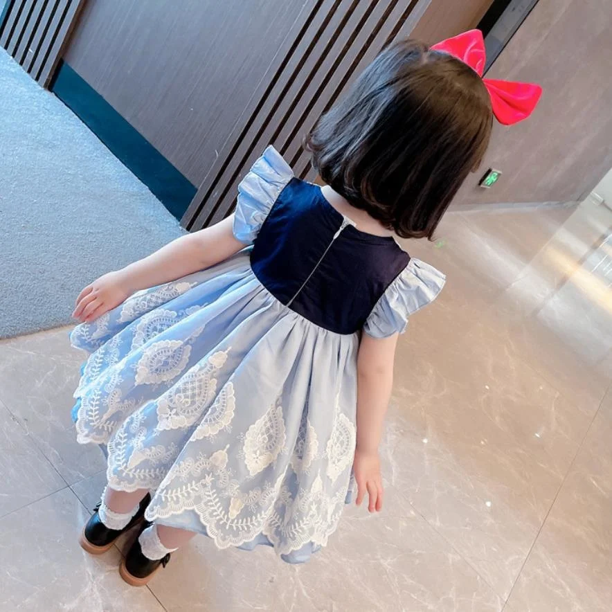 Детская одежда летнее милое кружевное платье без рукавов с бантом и вышивкой