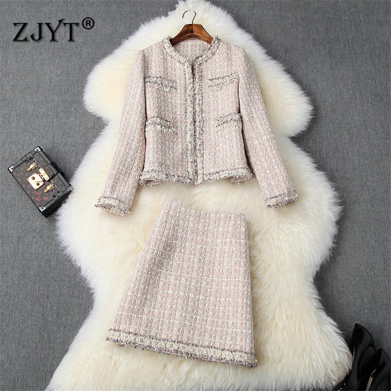 Женский твидовый костюм с юбкой дизайнерский подиумный из шерстяной куртки и