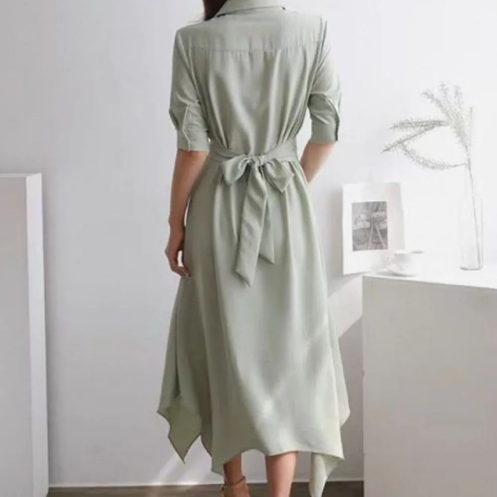 Простое асимметричное платье в Корейском стиле офисное женское с отворотом