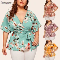 feogor womens blouse summer plus size womens v neck short sleeved printed waist loose chiffon top plus size womens clothing