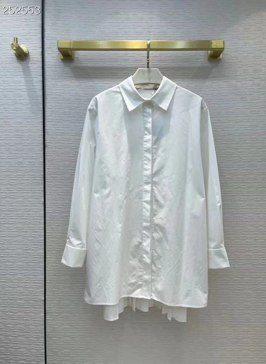 

Fashion Luxury Blouse 2022 Summer Spring New Design Women Runway White High Quality Cotton Single Breasted Pleated Blouse