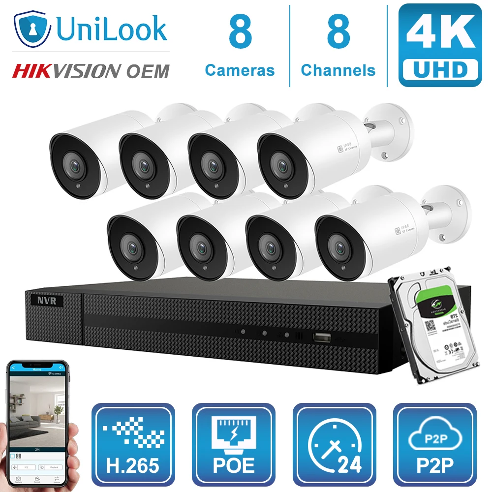 8 Bullet Cams Kit Hikvision OEM 8CH 4 к NVR 8MP пуля POE IP Камера 4/6/8 шт. открытый системы безопасности ONVIF H.265 CCTV NVR Наборы с 1/2/4 ТБ HDD - Цвет: 8 Bullet Cams Kit