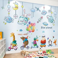 cartoon animals wall stickers diy outer space planets rocket stars wall decor decals for kids rooms baby bedroom home decoration
