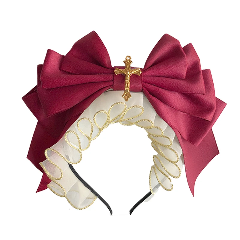 

Palace Style KC Headband Wine Red Gorgeous Kawaii Bow Ruffles Hairband Soft Girl Sweet Lolita Cosplay Retro Hair Ornaments