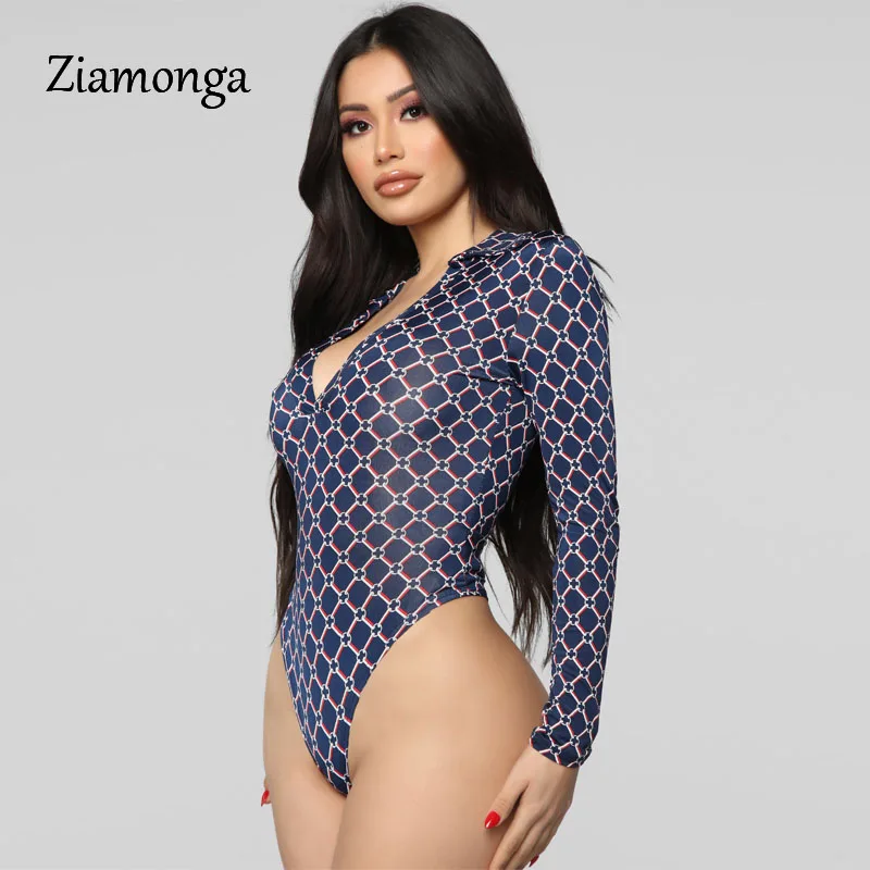 Blue Ziamonga, Осень-зима, боди с длинным рукавом, женские повседневные клетчатые боди с принтом, женские, глубокий v-образный вырез, шикарные топы для женщин, Новинка - Цвет: Blue