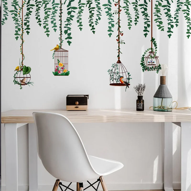 

Zollor Creative Birdcage Rattan Green Leaf Wall Sticker Living room Background Wall kitchen Cabinet Decorative Sticker Removable