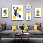 Абстрактная Геометрическая треугольная желтая мраморная Скандинавская Картина на холсте с оленем настенные художественные плакаты картины для гостиной домашний декор