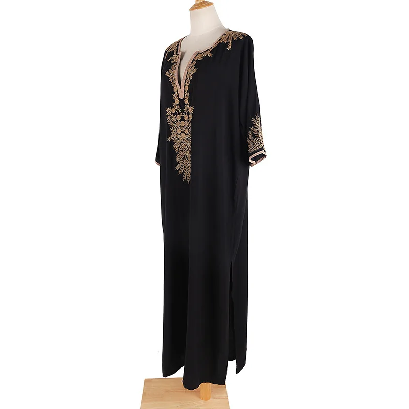 2021 Fashion Synthetic Cotton Open Skirt Embroidered National-Style Bikini Beachwear Vacation Robe Women V-Neck Black Dress