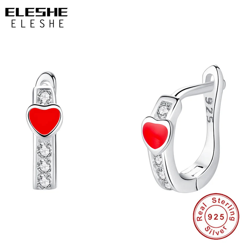 

100% 925 Sterling Silver Red Enamel Heart Children Hoop Earrings Fashion Party Dating Jewelry Gift For Girls Kids