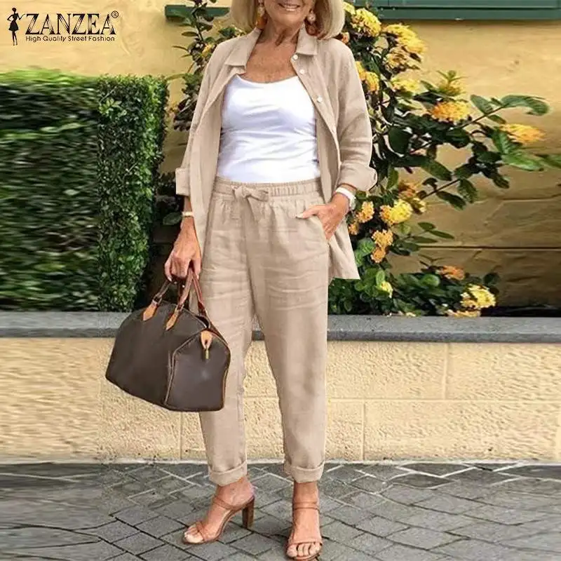 

2023 ZANZEA Autumn Women 2PCS Suit Full Sleeve Turn-Down-Collar Solid Button Blouse Female Bohemian Holiday Loose Pockets Pant