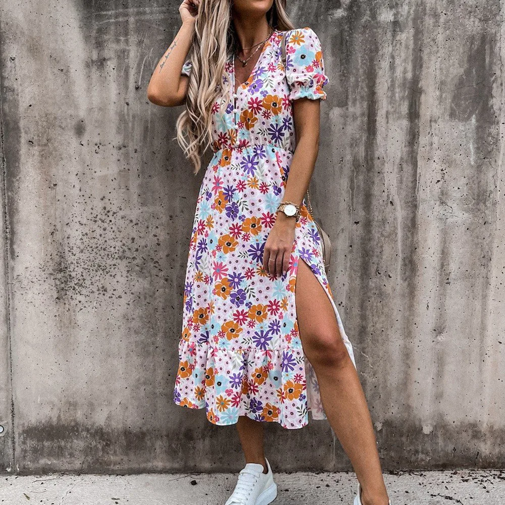

Summer Sexy Slim Button V Neck Party Dress Elegant Gorgeous Floral Print A-Line Dress Women Fashion Short Sleeve Slit Long Dress
