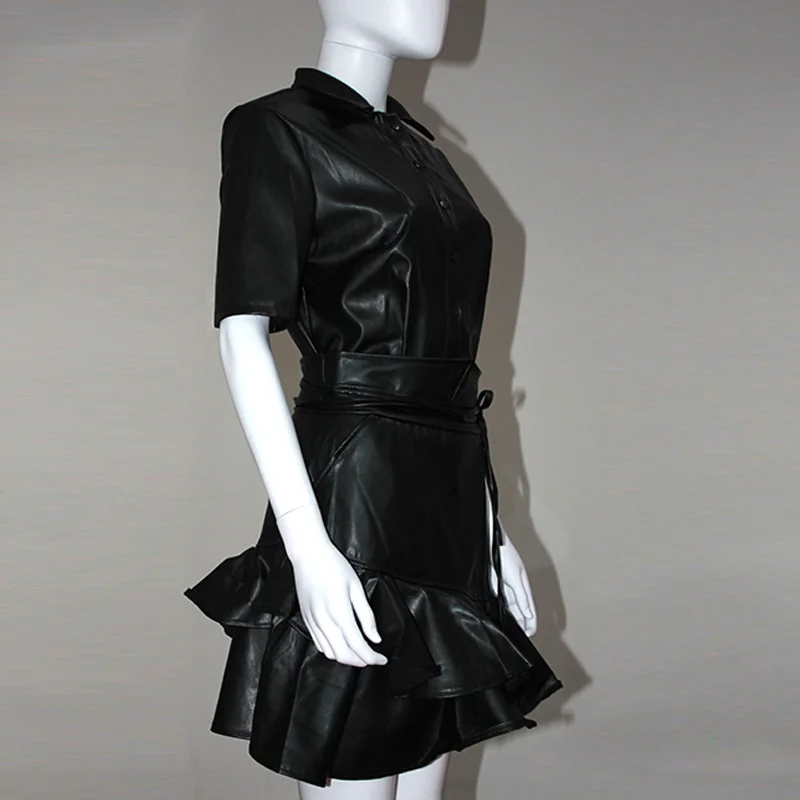 Solid PU Button Design Top& Ruffles Skirt Sets