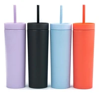 double layer plastic water bottle straight tube candy color large capacity water cup with straw rubber paint 16 oz water bottle