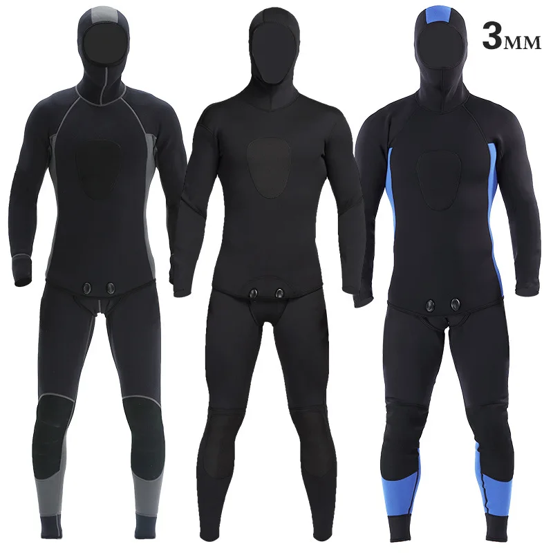 

Spearfishing wetsuit Scuba diving suit 3MM neoprene thermal snorkeling surfing suit men winter Hooded swimwear two pieces set