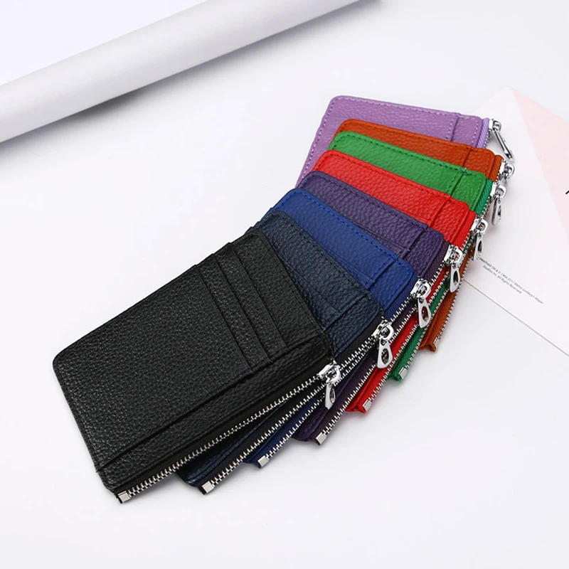 

BONAMIE Multifunctional Cow Leather Card Holder With Zipper Pocket Male Portable Slim Design Bank Card Case Wallet Female