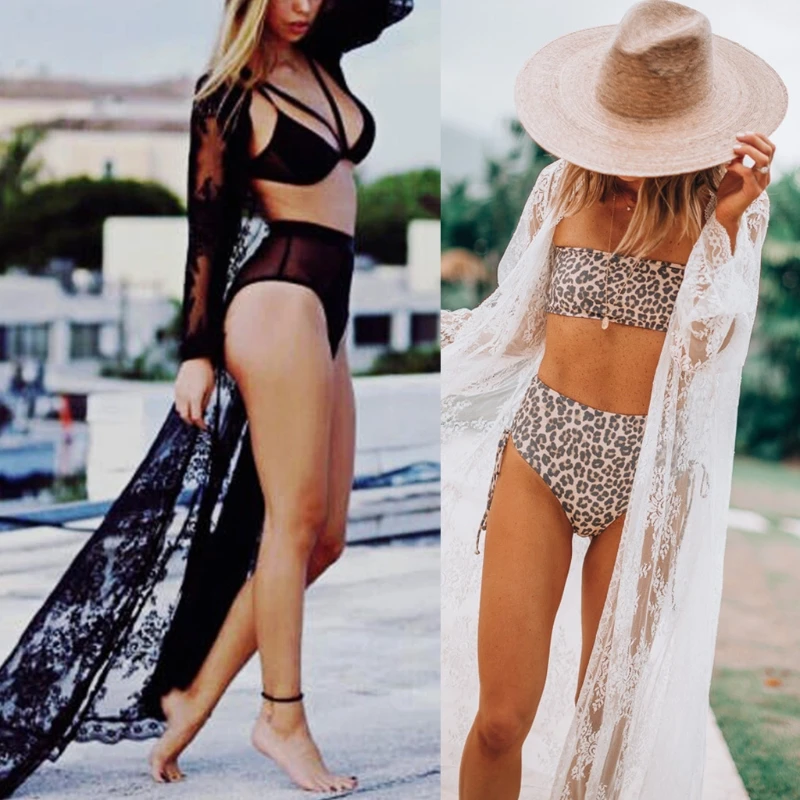 

Women Summer See-Through Floral Lace Maxi Beach Dress Scalloped Trim Open Front Kimono Cardigan Bikini Swimsuit Cover Up