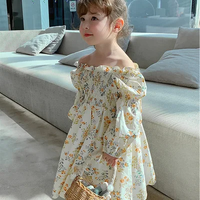 

2021 Spring and Summer New Baby Girls Princess Dress Korean Style Floral Print Dress Kids Shoulderless Cute Dresses Baby Clothes