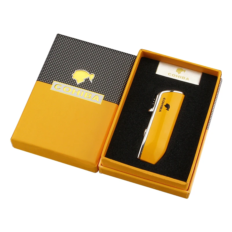 

COHIBA Metal Windproof Mini Pocket Cigar Lighter 3 Jet Blue Flame Torch Cigarette Lighters With Cigar Punch Gift Box