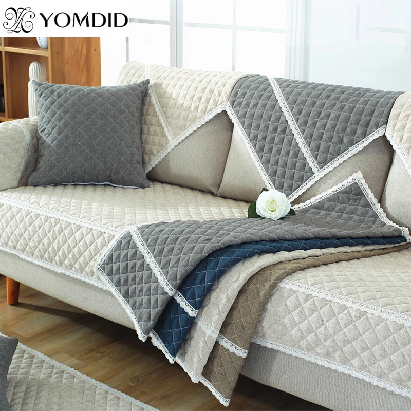 Нескользящий чехол в клетку для дивана без подлокотника гостиной серый бежевый с