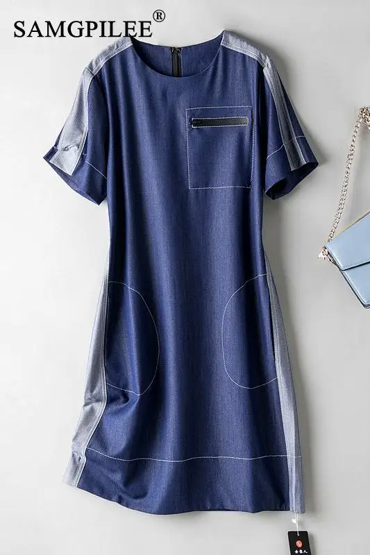 

Women Dress 2021 New Elegant Distressed Patch-style O Neck Large Pockets Knee-length Denim Blue Color Summer Dresses Plus Size