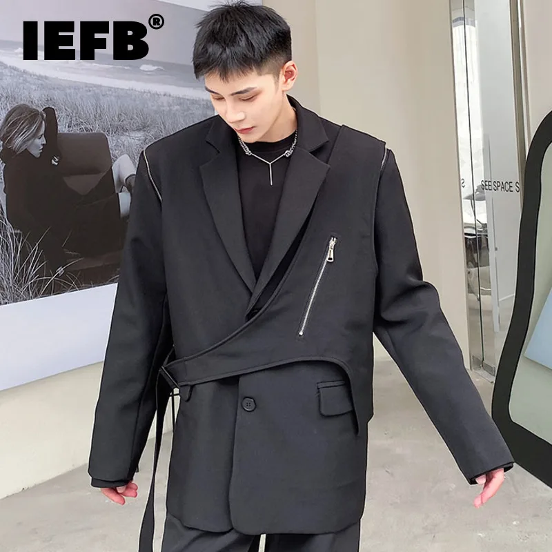 

IEFB Men's Chic Two-piece Set Blazer New Personal Zipper Patch Design Outside Korean Fashion Zipper Suit Jacket Tide Autumn 2023