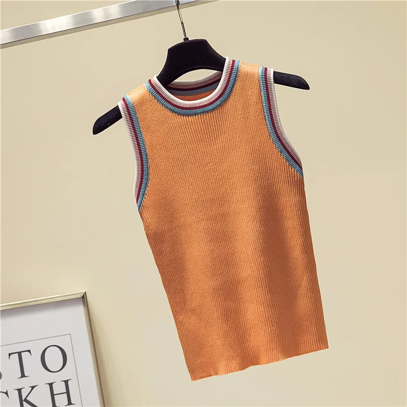 women Striped Color collision knitted vest female lady Girls suspenders waistcoats thin summer ice silk sleeveless Tank Tops