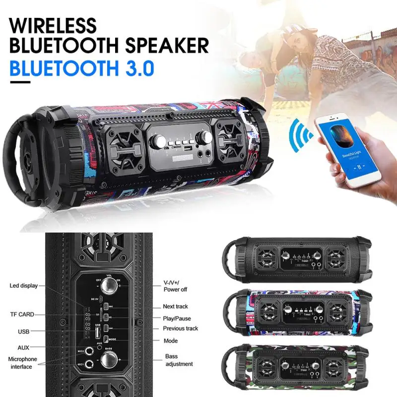 

Наружный портативный Bluetooth-совместимый динамик, беспроводной Военный барабан, беспроводные громкоговорители и держатель для телефона AUX USB ...