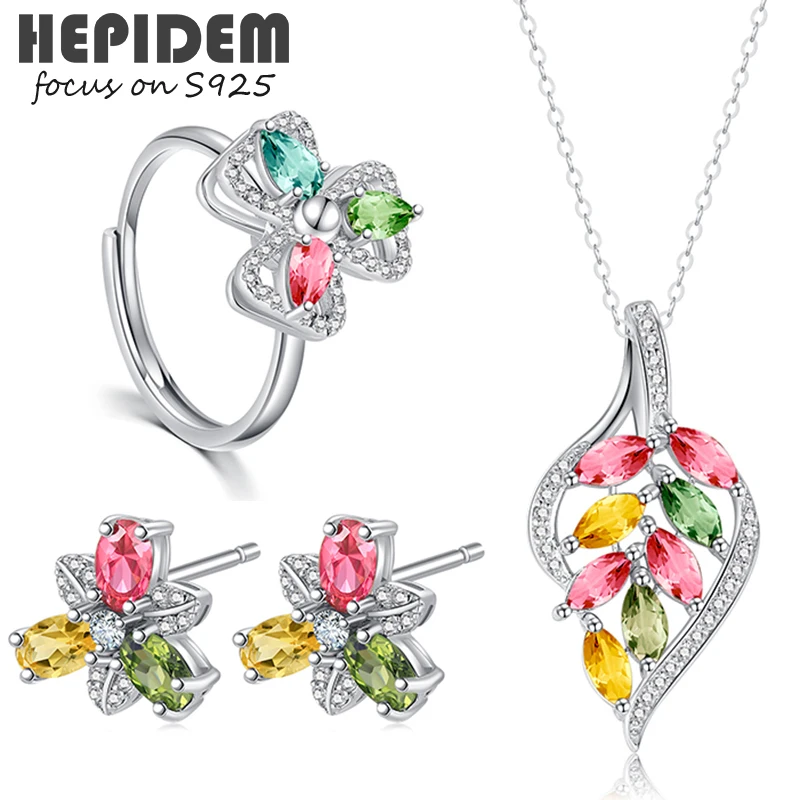 

HEPIDEM Rotate 100% Tourmaline 925 Sterling Silver Necklace Rings Earrings 2022 Women Red Stone Gem S925 Fine Jewelry Set 1084