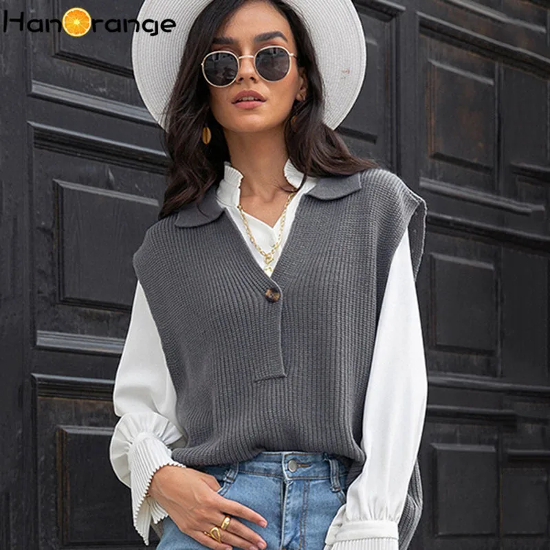 

HanOrange Autumn Vest Ladies Waistcoat Fashion Solid Color Loose Short Slimming Lapel Sleeveless Sweater
