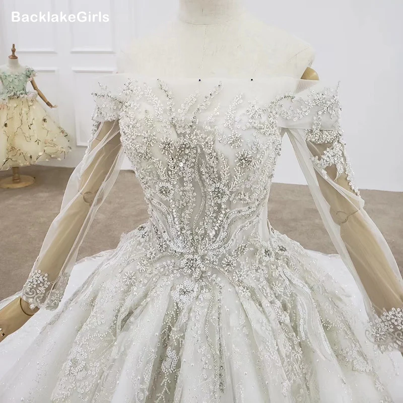 Роскошные свадебные платья принцессы с длинным рукавом Украшенные бусинами