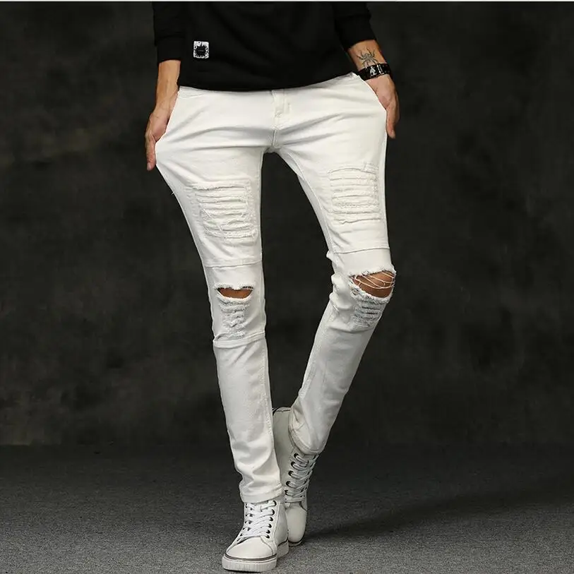 

White & Black Ripped Jeans Biker Men With Holes Super Skinny Famous Designer Brand Slim Fit Destroyed Pencil pants Slim Jeans