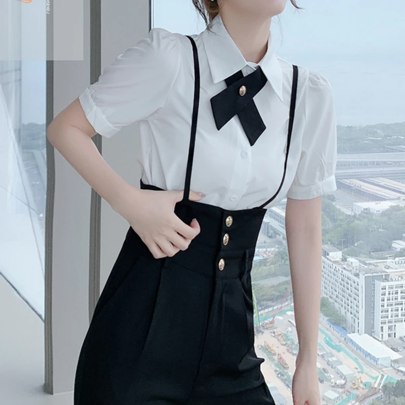 

2021 Summer New Women Elegant Overalls Two Piece Set Fashion Short Sleeve Shirt Blouse High Waist Black Suspender Trousers Suits