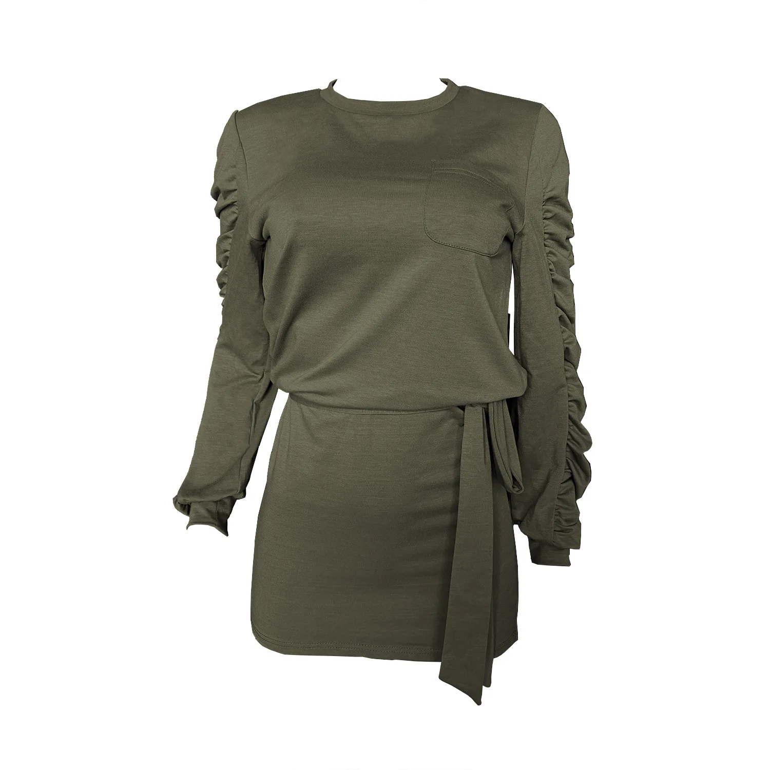 

2020 Autumn and Winter Women's Clothing Hot Style Solid Color Round Neck Pleated Long-sleeved Sweater Tie Tight Dress