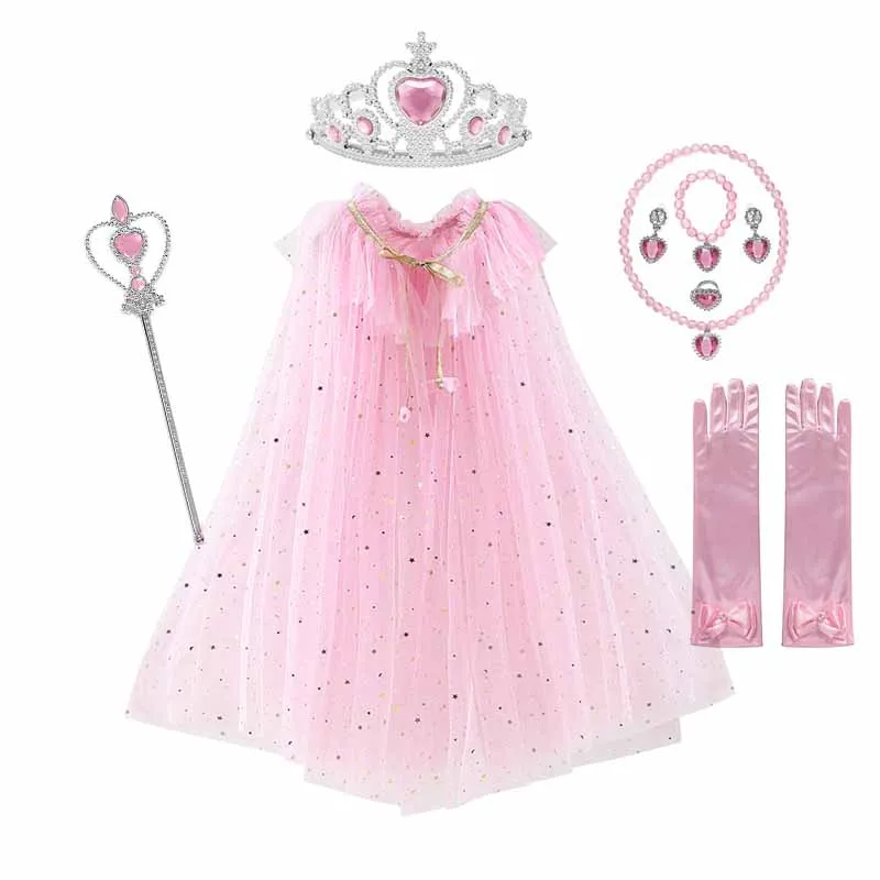 

Girl Sequin Drawstring Cloak Elsa Dress up Princess Accessories Aurora Cape Crown Magic Wand Necklace Glove Set Cosplay Mantle