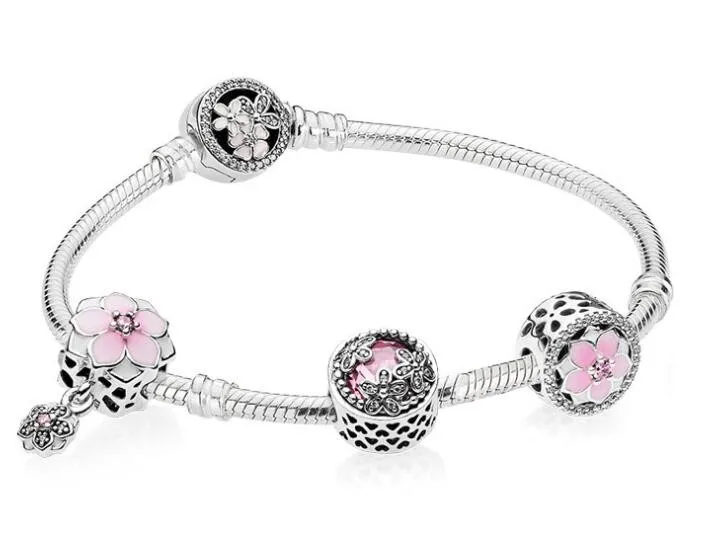 

Original 925 Sterling Silver Strand Bracelets Enamel Magnolia Bloom With Crystal Beads pan Bracelet Bangle DIY Jewelry