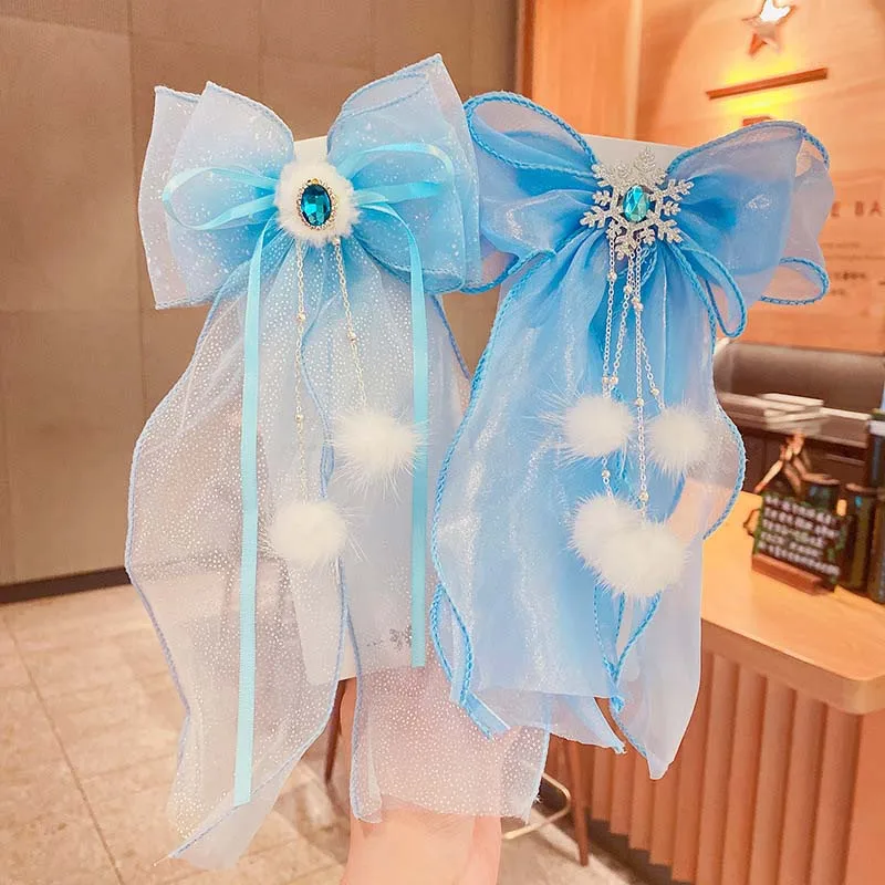 

Новинка ледяная и Снежная принцесса Корона шпилька Снежинка Бант Шпилька для лент голубая искусственная пряжа для девочек милый головной у...