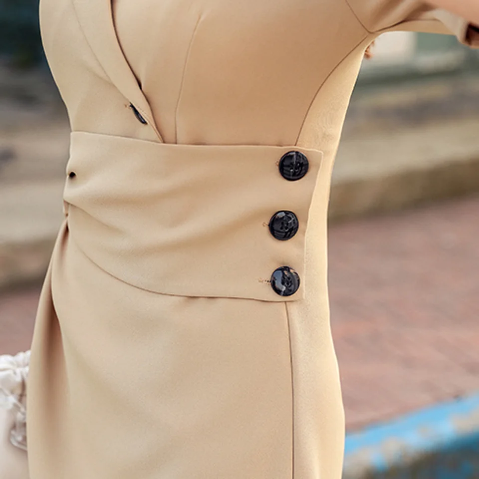 

Khaki Elegant Office Lady Dress 2020 Summer High Waist Notched Neck Simple Asymmetry Temperament Party Dress Women