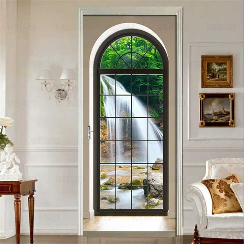 2 шт./компл. водопад пейзаж за окном 3D Наклейка на стену дверь ПВХ самоклеящиеся