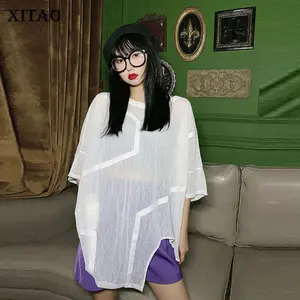 Женская Асимметричная футболка XITAO, Модный пуловер богини веер, тонкий, маленький, свежий, белый, черный, сексуальный, свободный, DZL1184