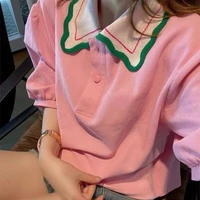 pink ruffled polo short sleeve women t shirt korean fashion 2xl oversized kawaii clothes girl student hit color loose simplicity