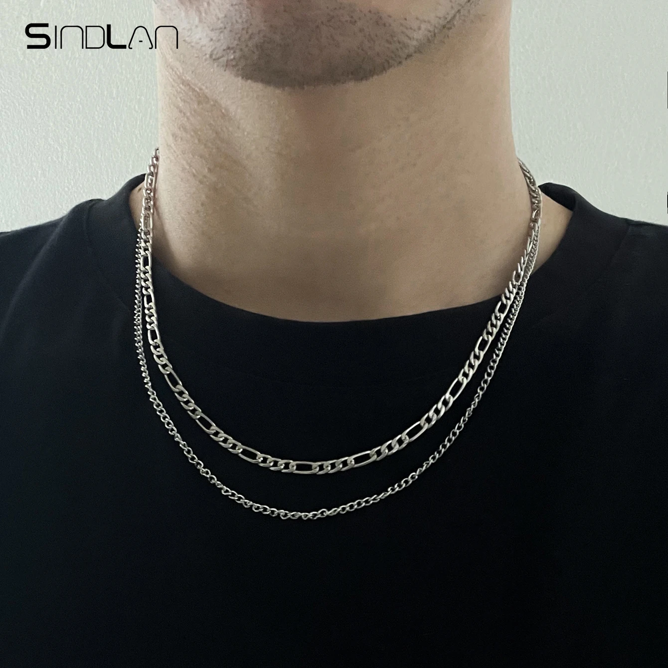 

Sindlan Double Layer Punk SIlver Color Chain Necklace for Men Simple Geometric Set Streetwear Couple Emo Fashion Jewelry Collar